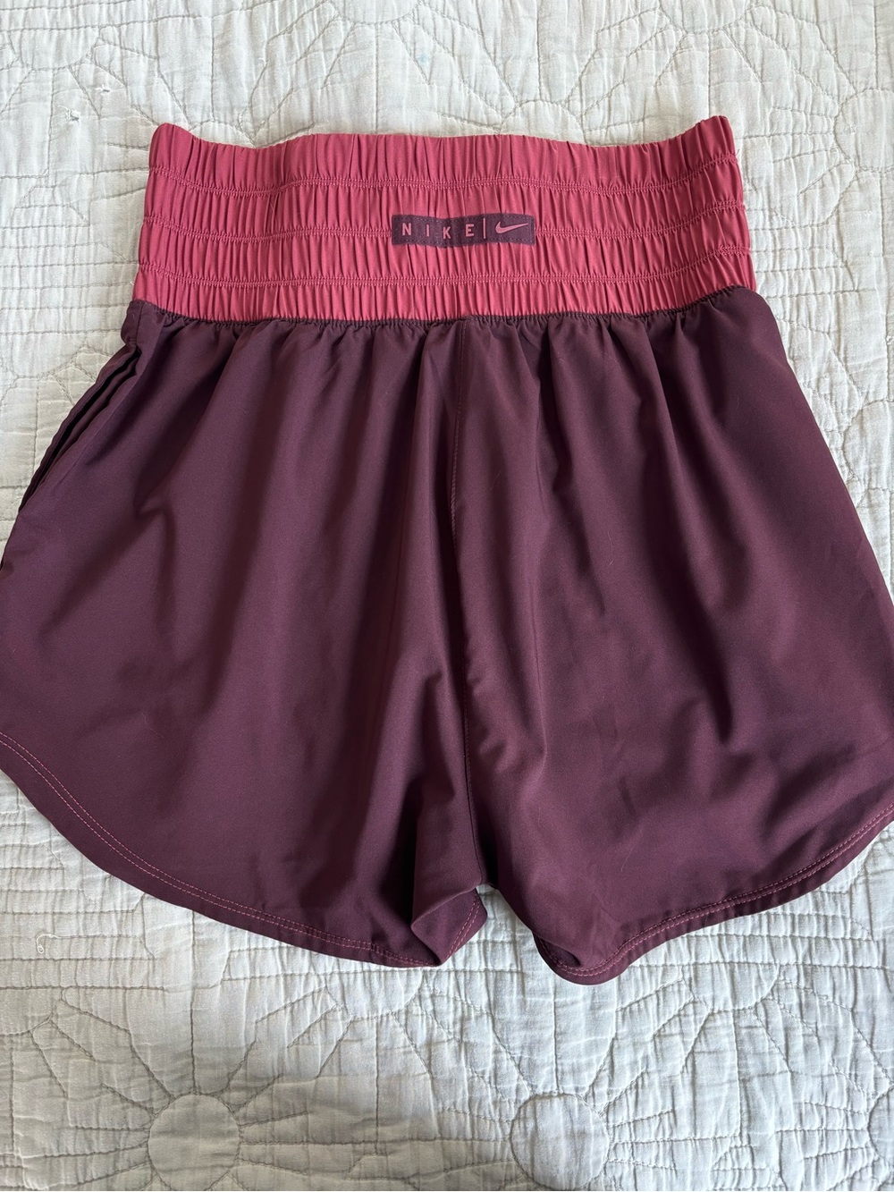 Nike Women's Burgundy Shorts with Rose Waistband